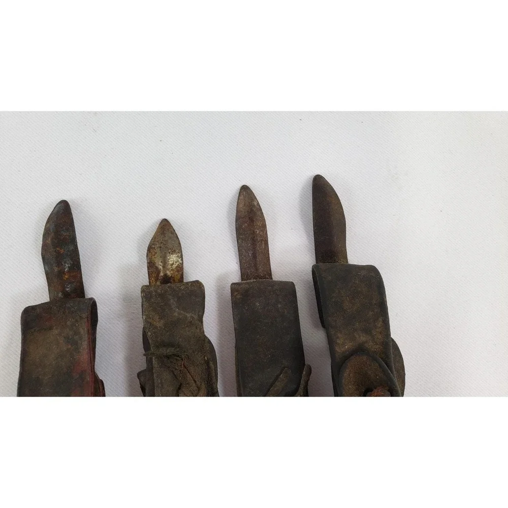 Lot 4 Vintage Primitive CORN HUSKERS Shuckers METAL & LEATHER Antique Farm Tools